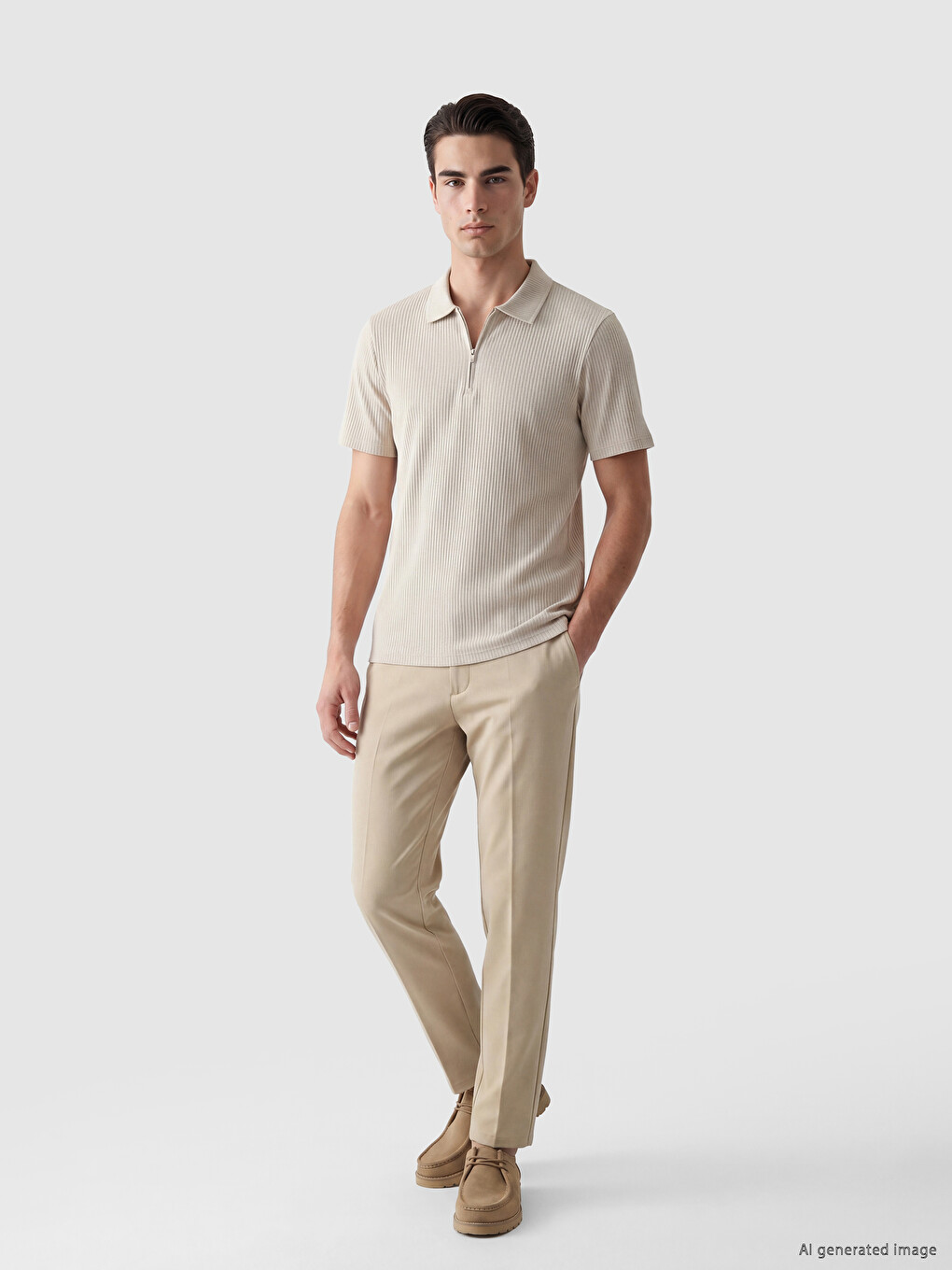 Bej Regular Fit Polo Yaka Triko Erkek Tişört-1
