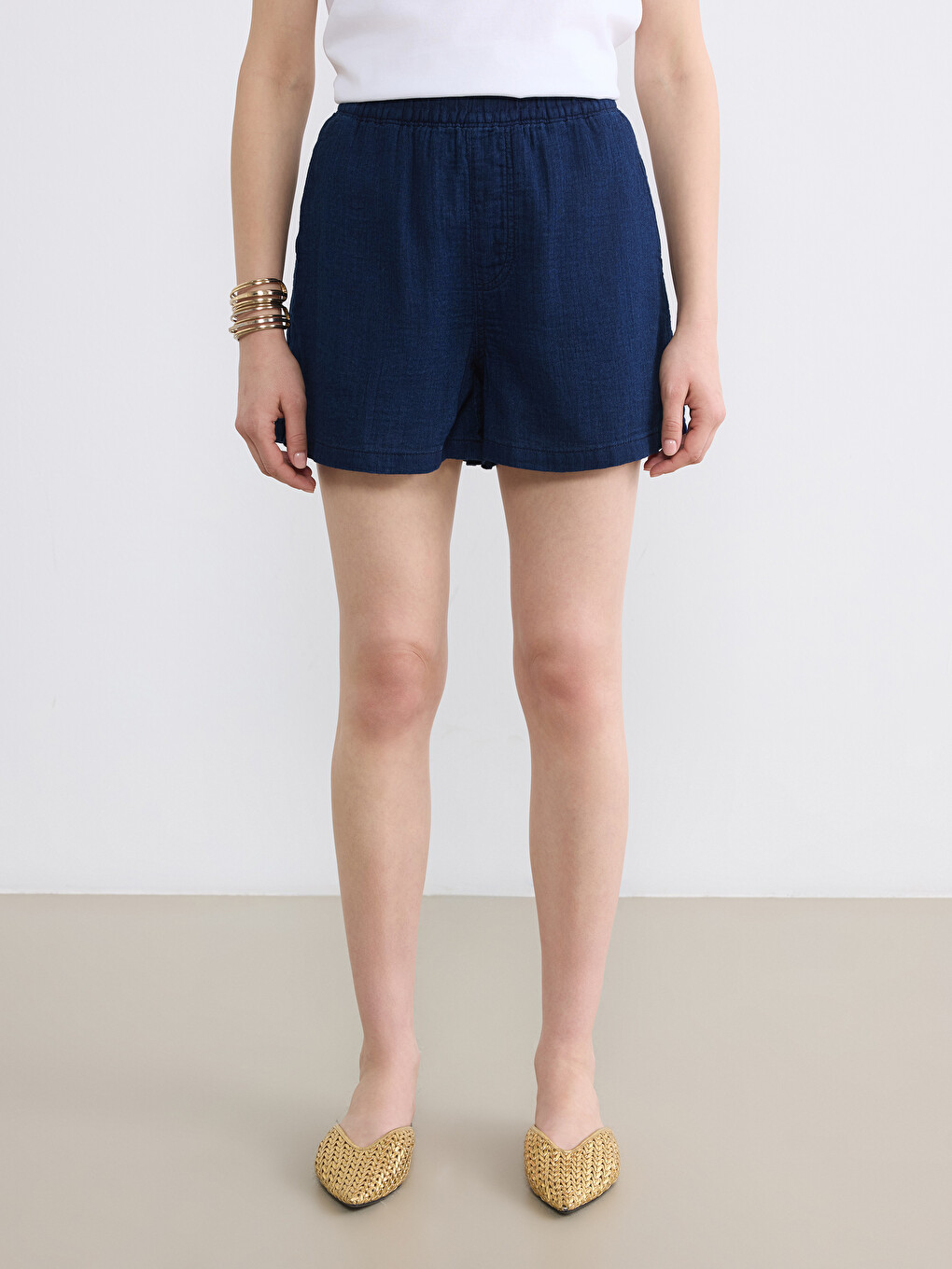 Pantaloni Scurți Din Denim De Femei Croială Bermuda Talie Elastică-1