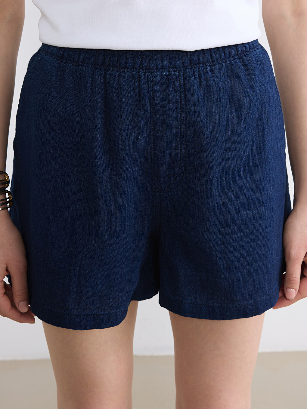 Pantaloni Scurți Din Denim De Femei Croială Bermuda Talie Elastică-2