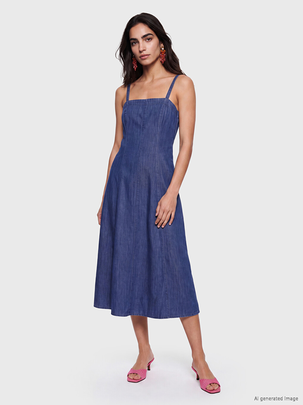 Square Neck Strappy Flared Denim Dress