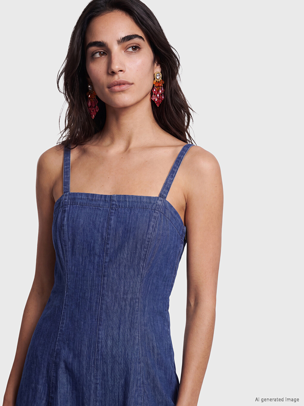 Square Neck Strappy Flared Denim Dress-1