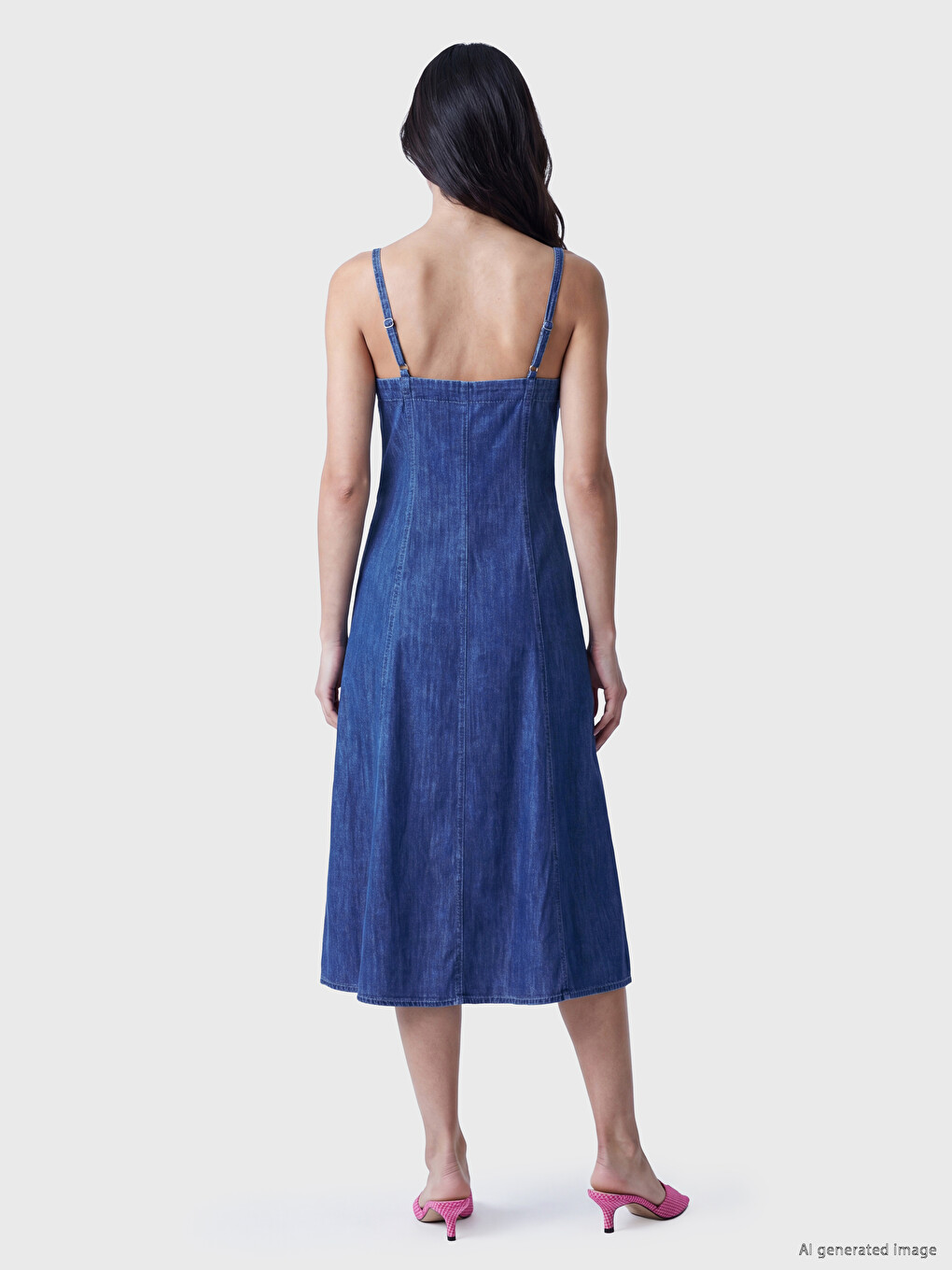 Square Neck Strappy Flared Denim Dress-3