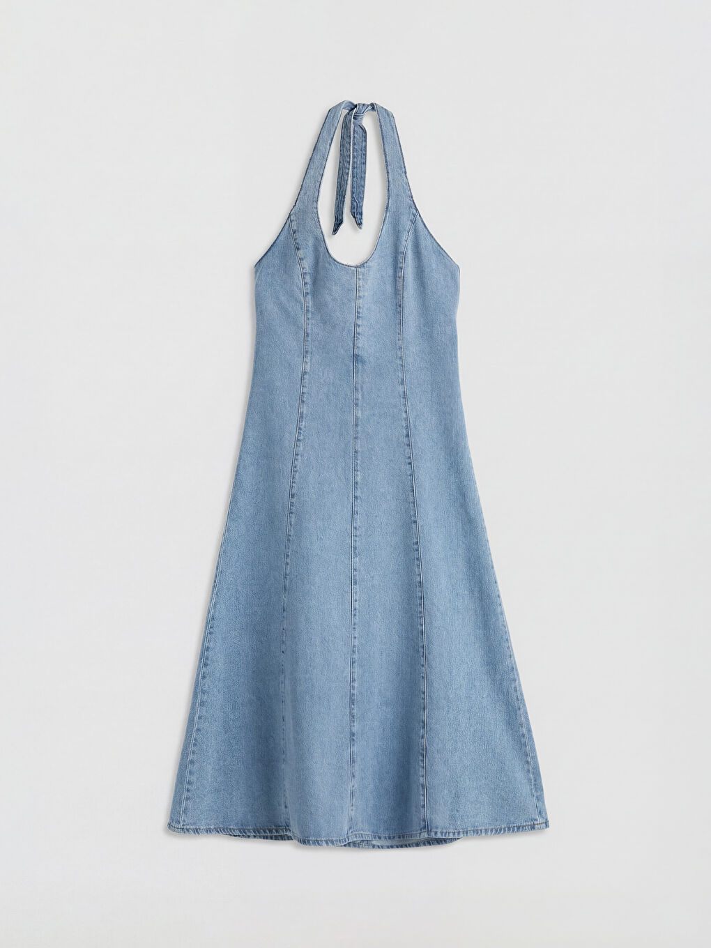 Halter Neck Tie Neck Denim Dress-4