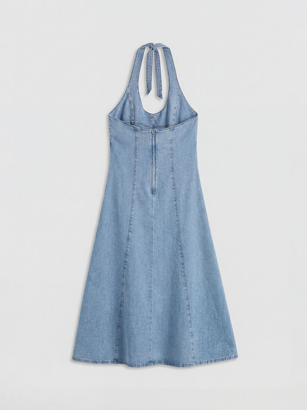 Halter Neck Tie Neck Denim Dress-5
