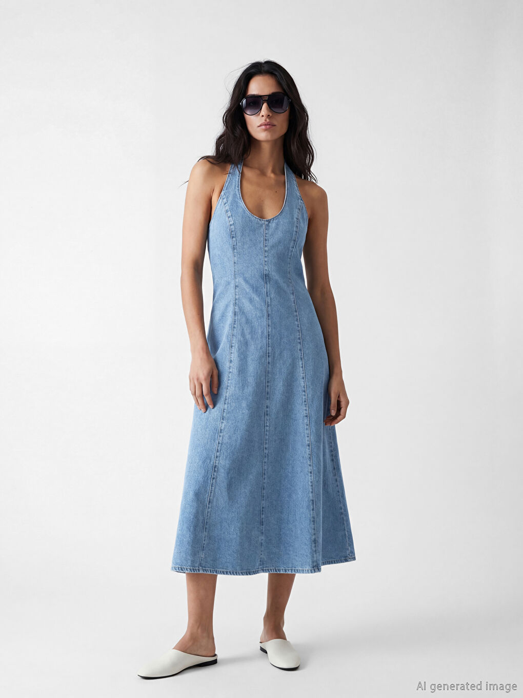 Halter Neck Tie Neck Denim Dress