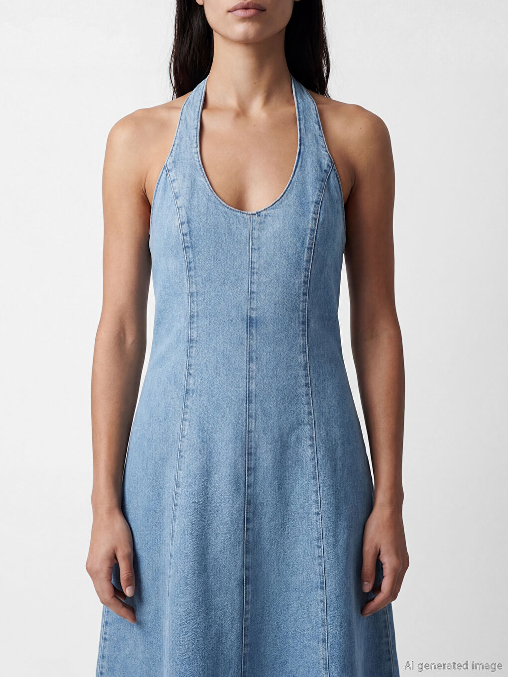 Halter Neck Tie Neck Denim Dress-2