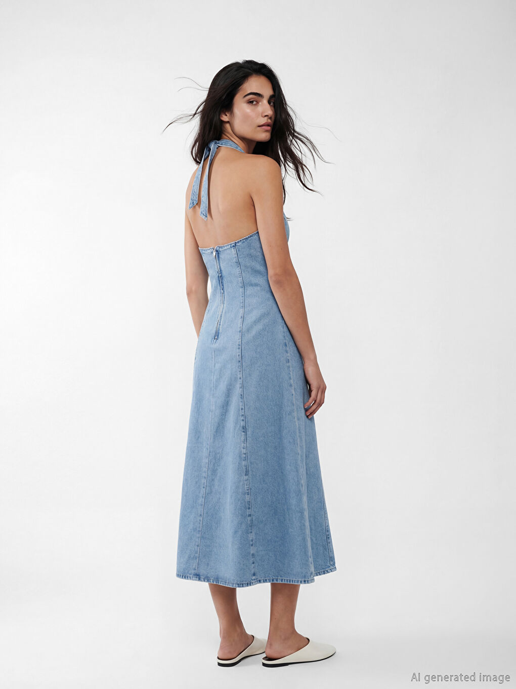 Halter Neck Tie Neck Denim Dress-3