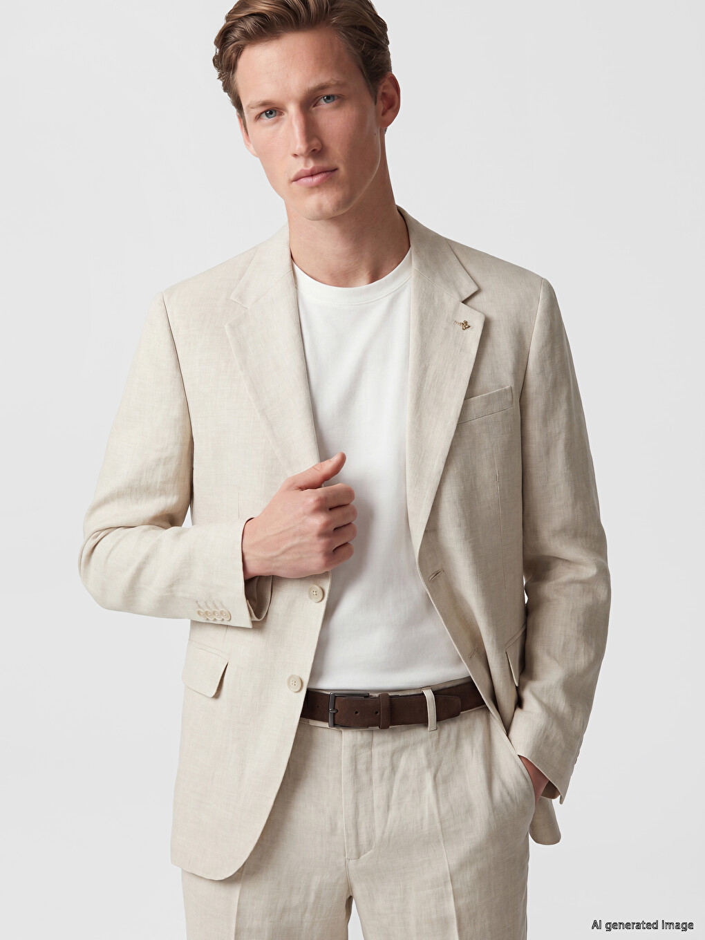 Bej Regular Fit Keten Karışımlı Erkek Blazer Ceket