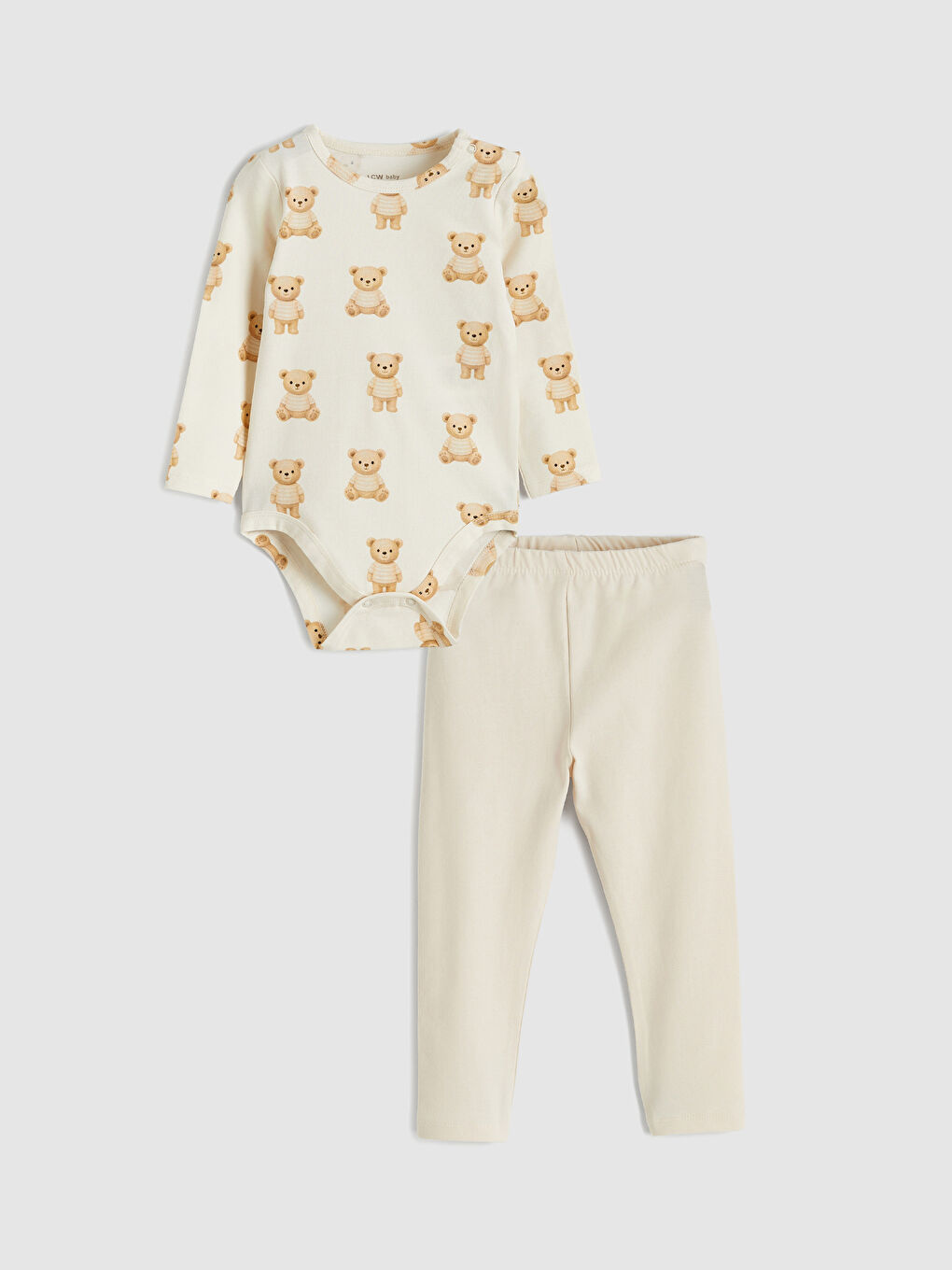 Bej Baskılı Erkek Bebek Çıtçıtlı Body ve Tayt