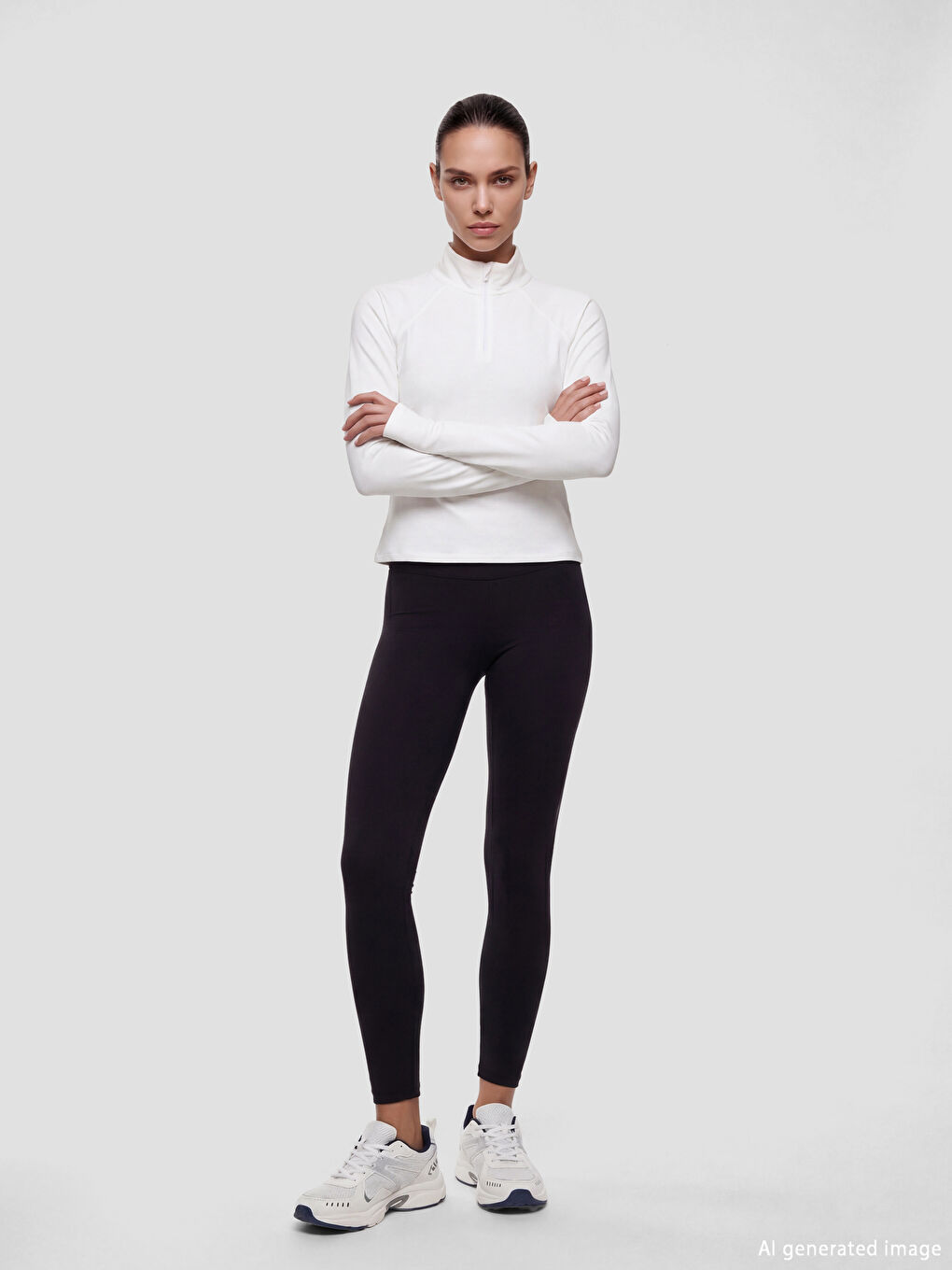 Beyaz Dik Yaka Parmak Geçmeli Kadın Spor Body-1