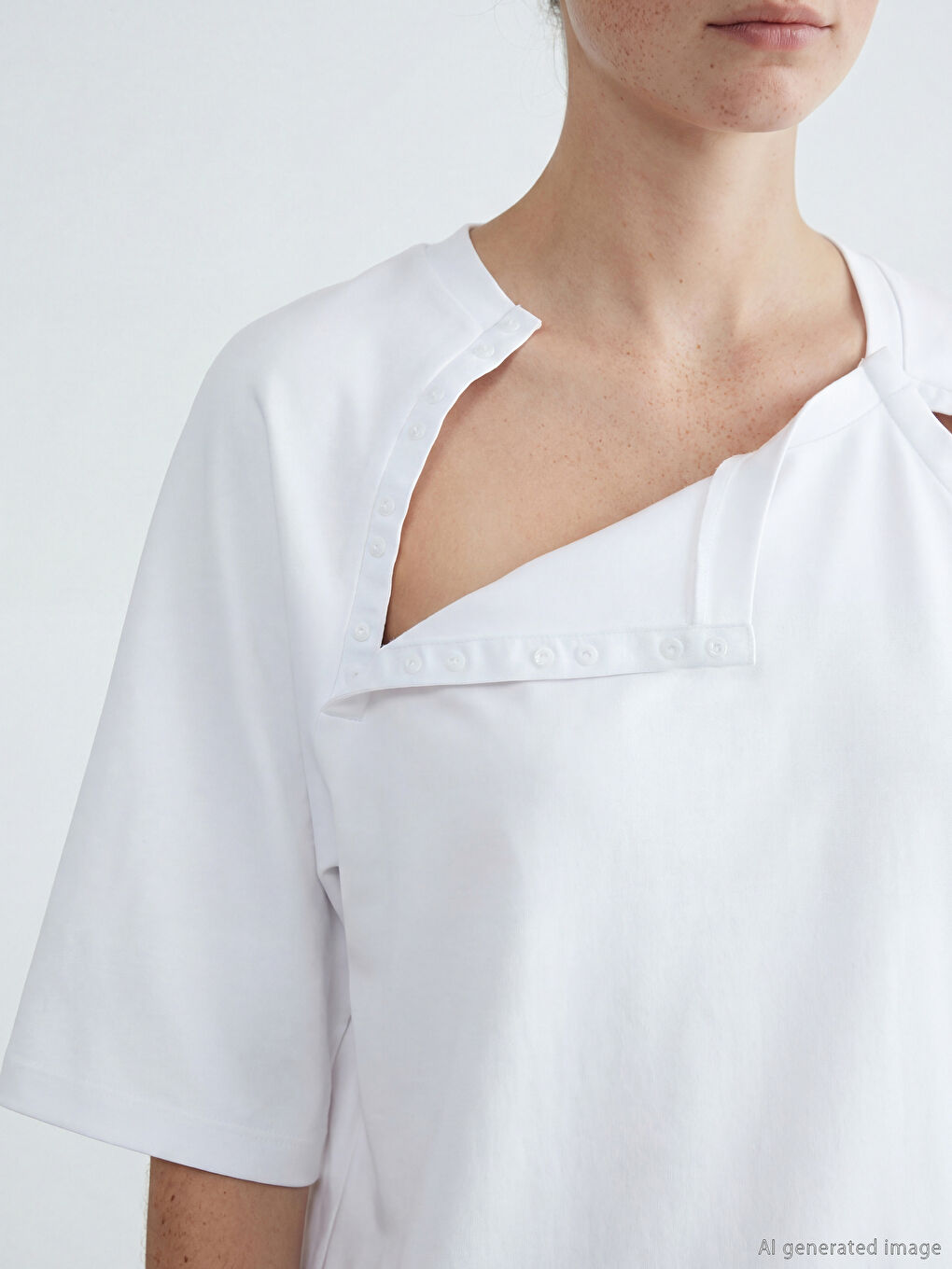 Beyaz Kolay Giyilebilir Omuzdan Çıtçıtlı Kadın Tişört-2