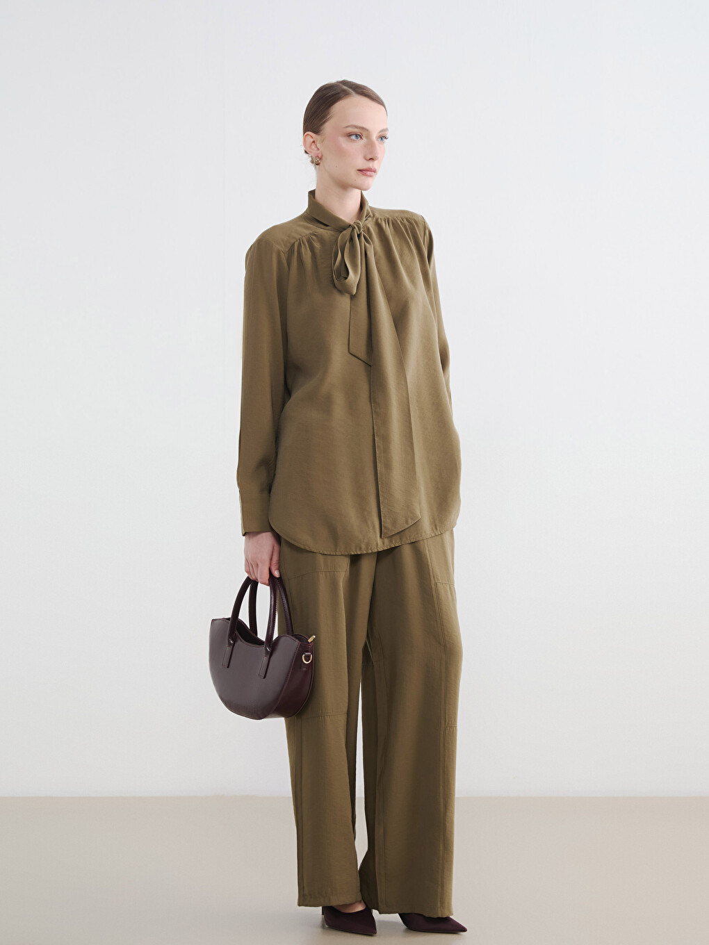 Tie Neck Oversize Ruched Blouse-1