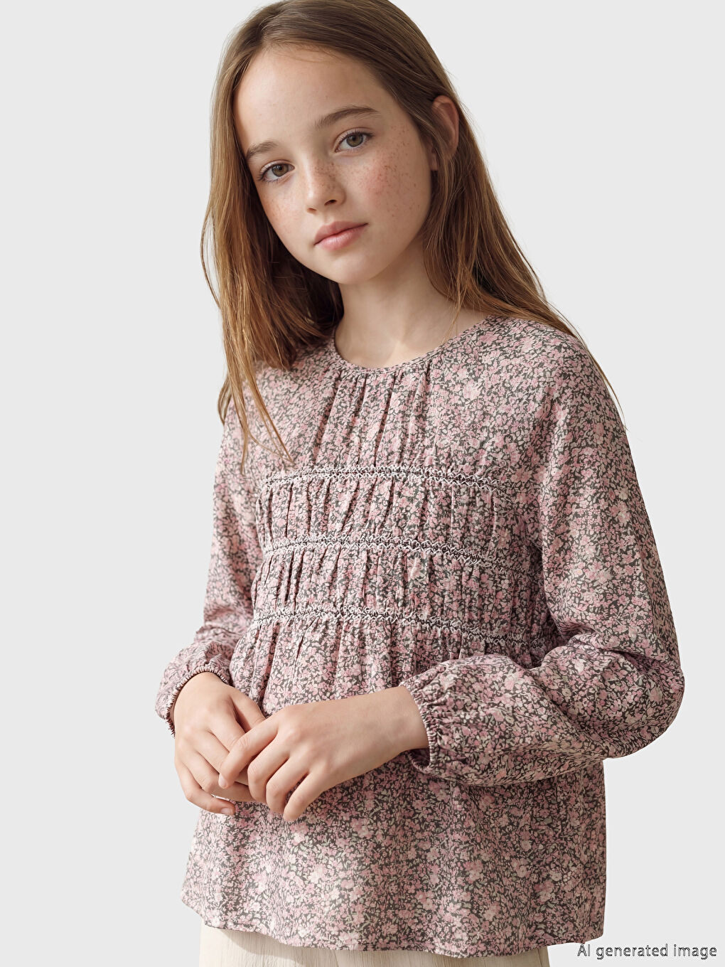 Crew Neck Floral Print Girls' Blouse
