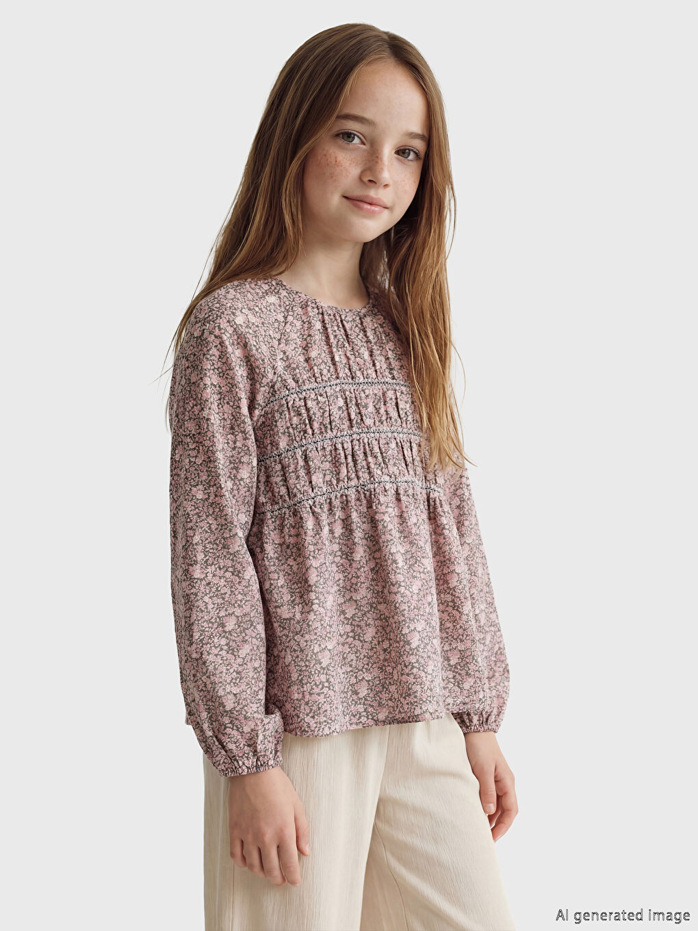 Crew Neck Floral Print Girls' Blouse-1