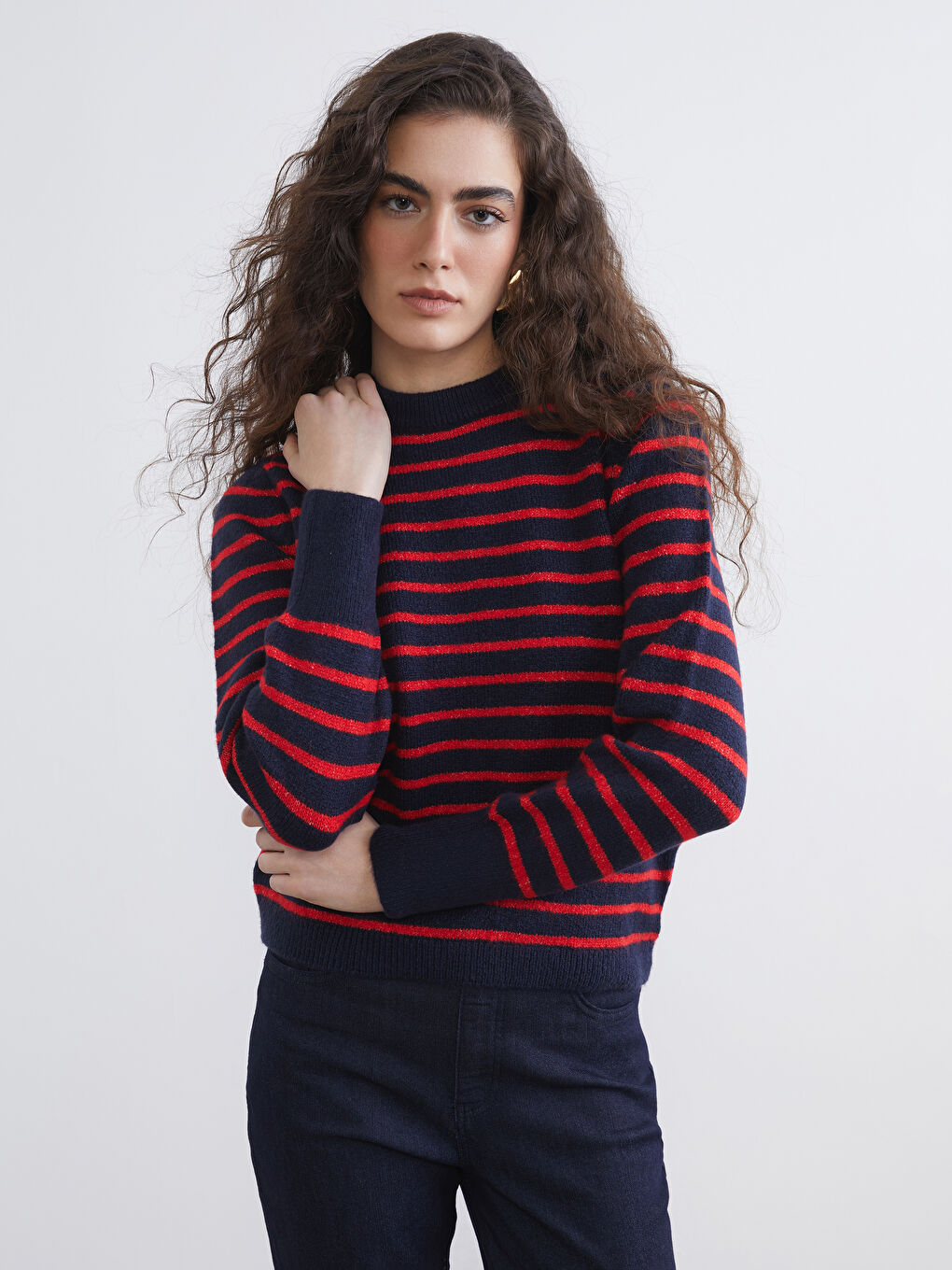 Kırmızı Bisiklet Yaka Çizgili Kadın Triko Kazak