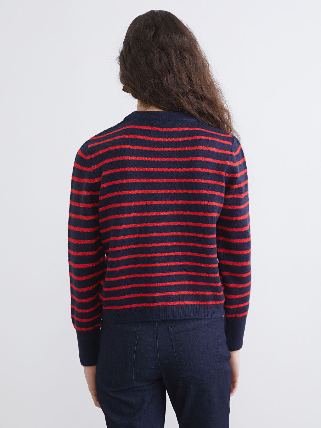 Kırmızı Bisiklet Yaka Çizgili Kadın Triko Kazak-3