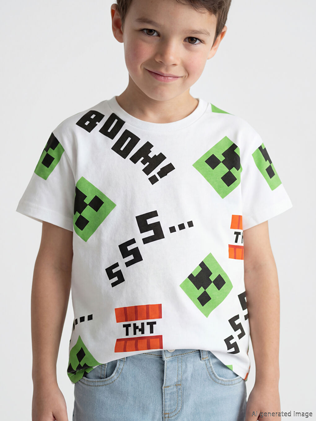 Beyaz Minecraft Baskılı Erkek Çocuk Tişört