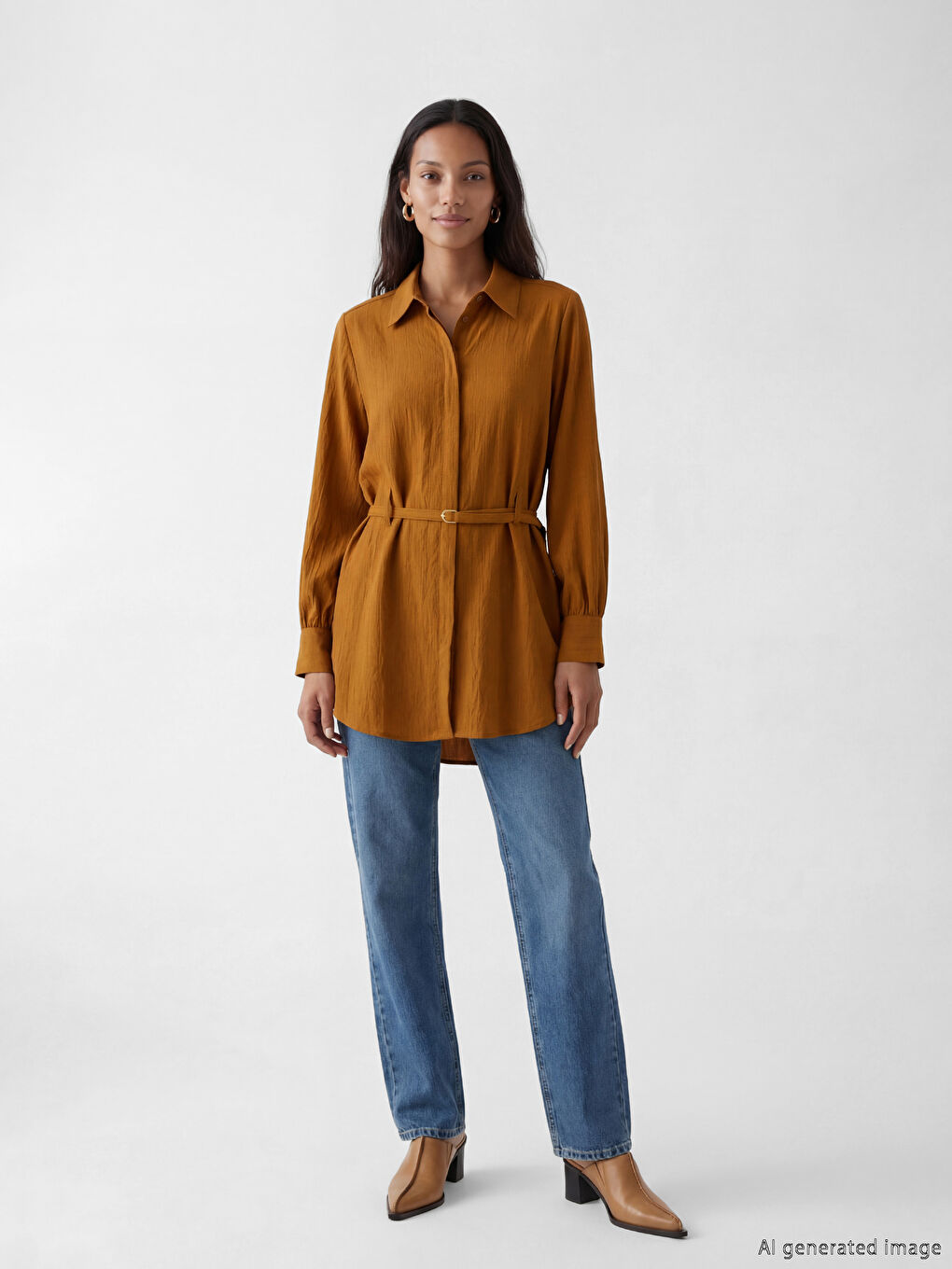 Sarı Kemerli Oversize Armürlü Kadın Gömlek Tunik-1