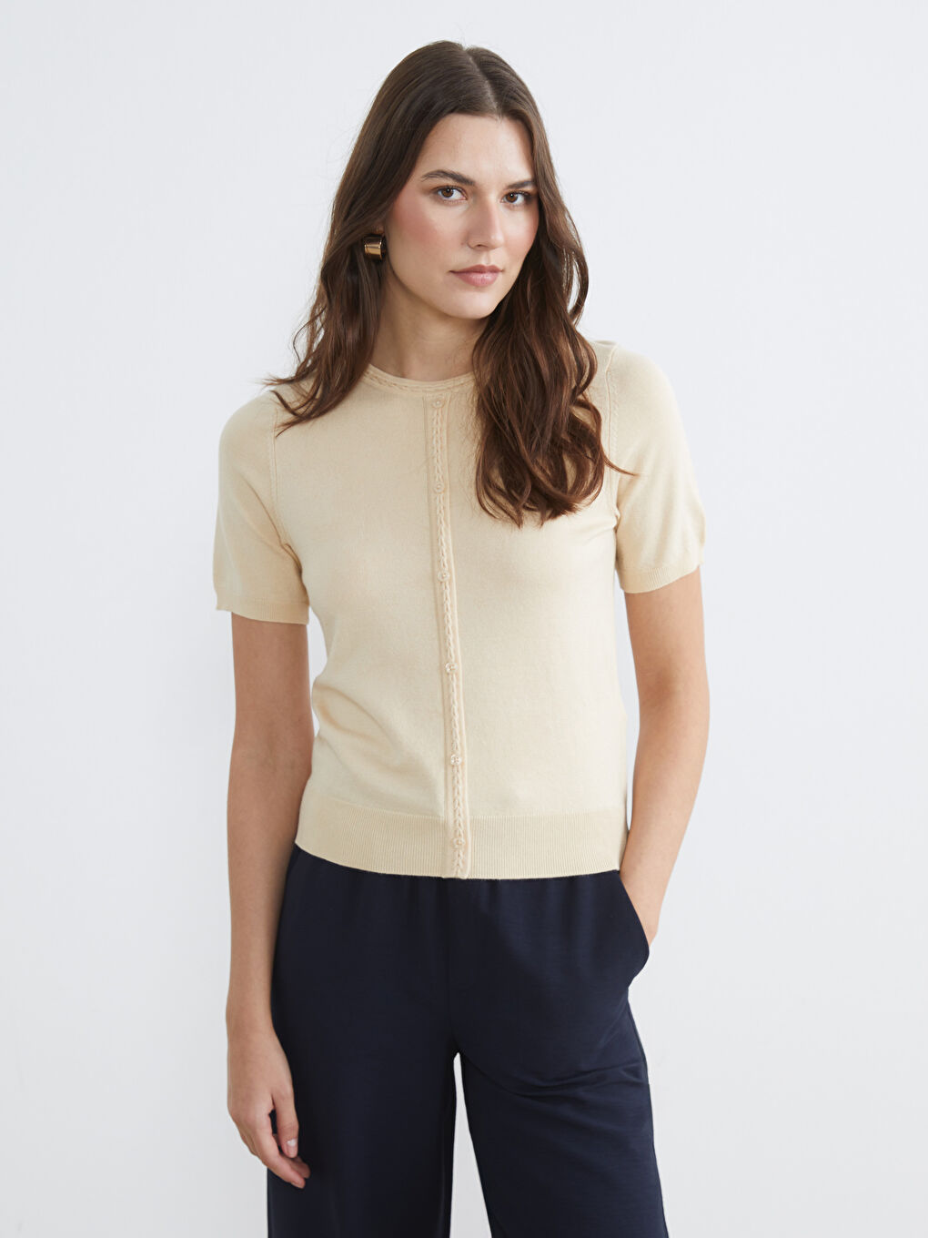 Crew Neck Short Sleeve Women's Knitwear Cardigan