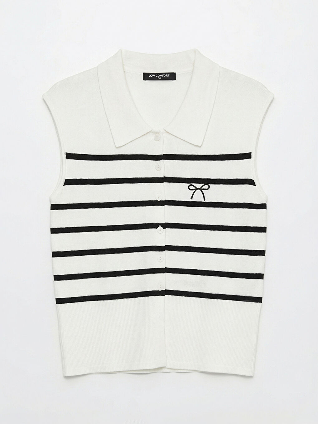 Женский трикотажный жилет в полоску с воротником-поло-4