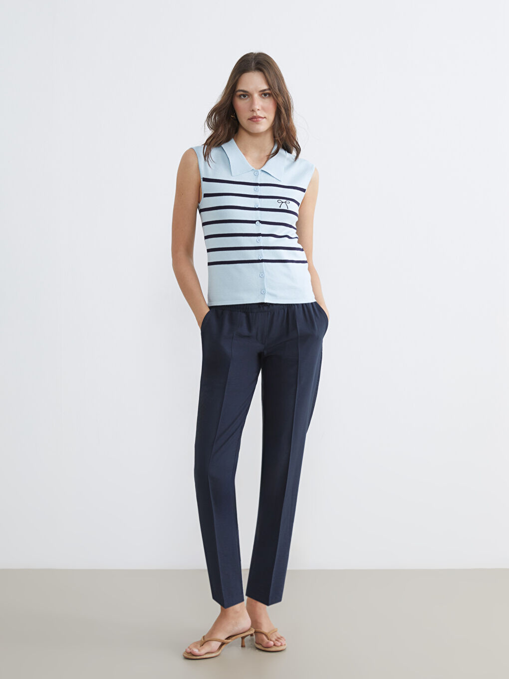 Поло жағалы жолақты әйелдер трикотаж жилеті-1