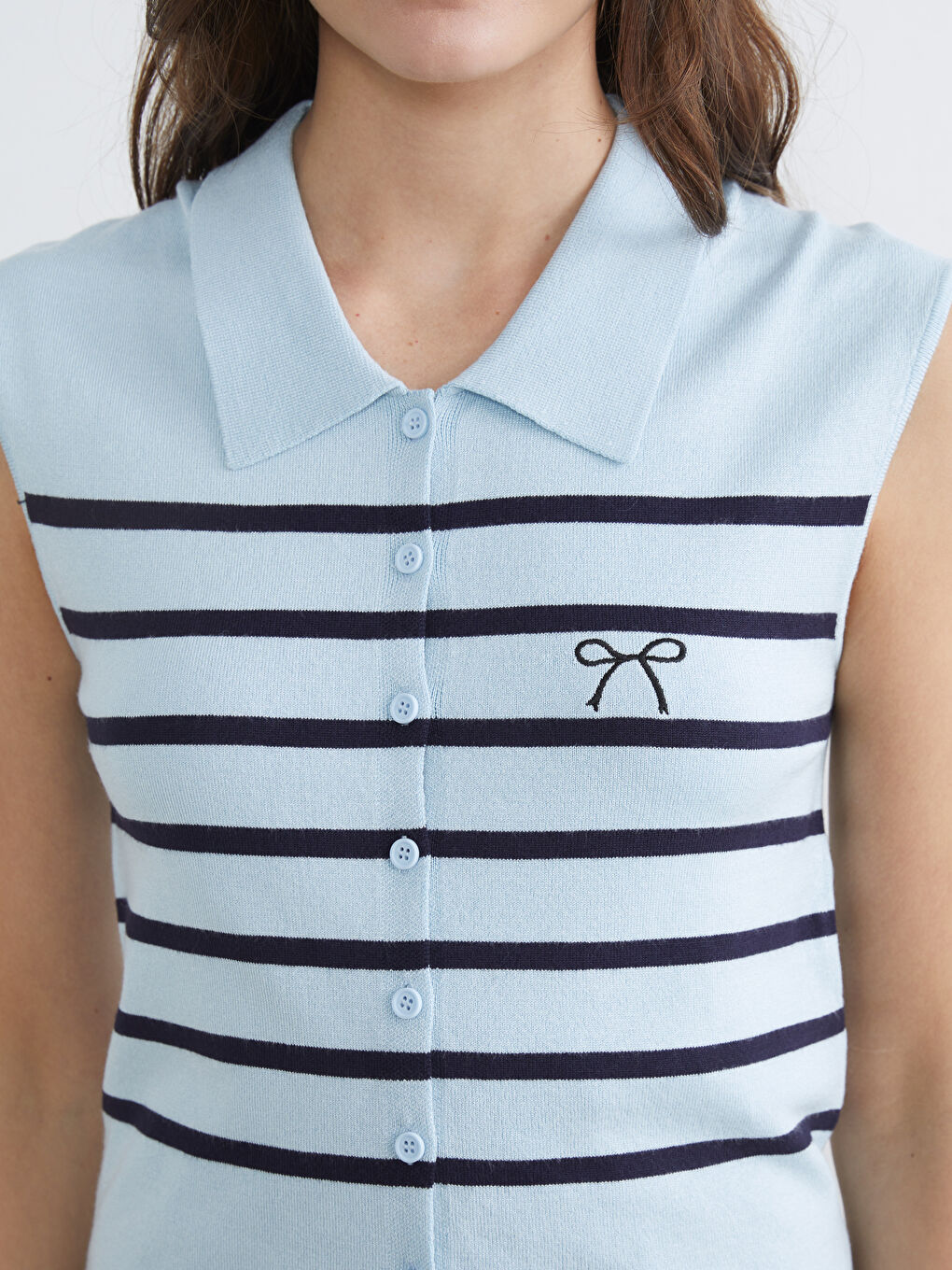 Поло жағалы жолақты әйелдер трикотаж жилеті-2