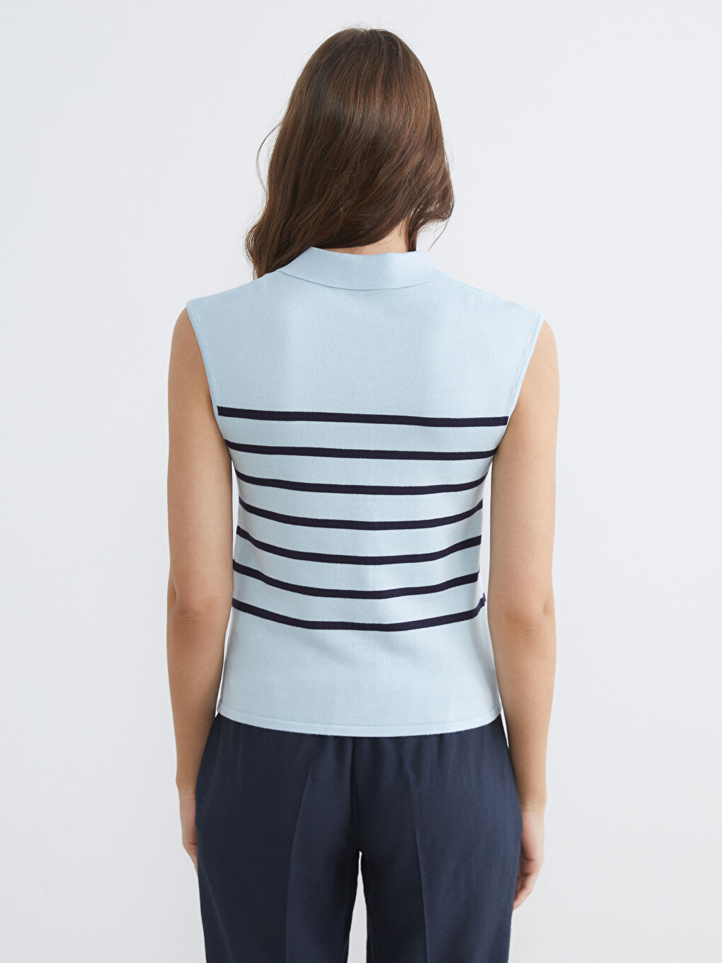 Поло жағалы жолақты әйелдер трикотаж жилеті-3