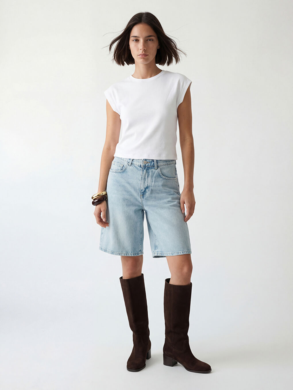 İndigo Yüksek Bel Bermuda Fit Kadın Jean Şortolon