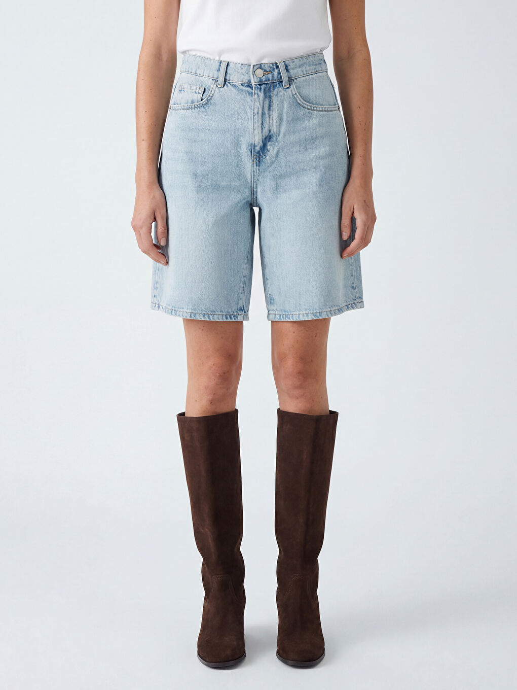 İndigo Yüksek Bel Bermuda Fit Kadın Jean Şortolon-1