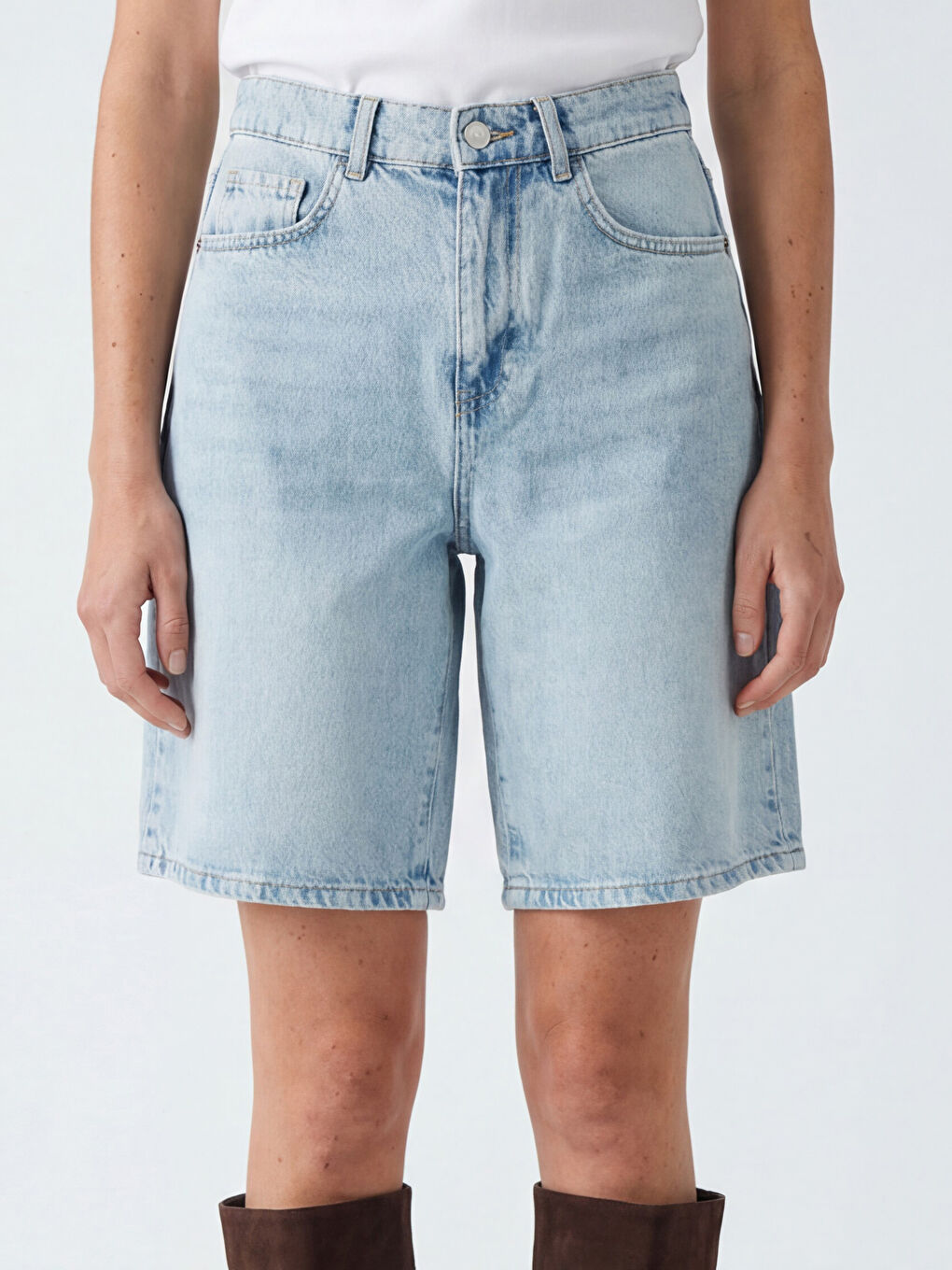 İndigo Yüksek Bel Bermuda Fit Kadın Jean Şortolon-2