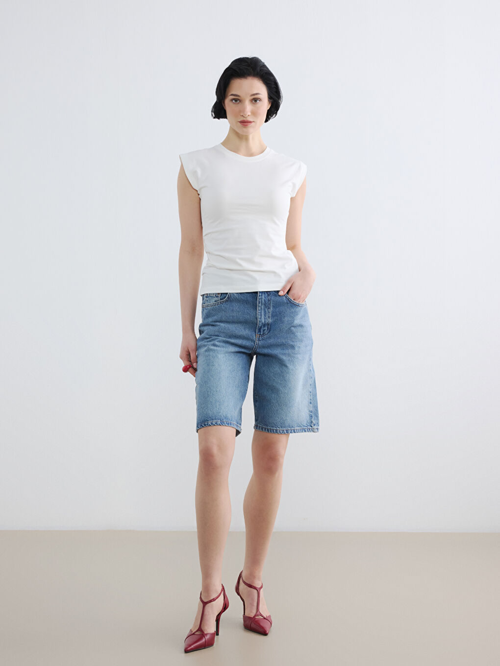 High Waisted Bermuda Fit Women's Denim Shorts
