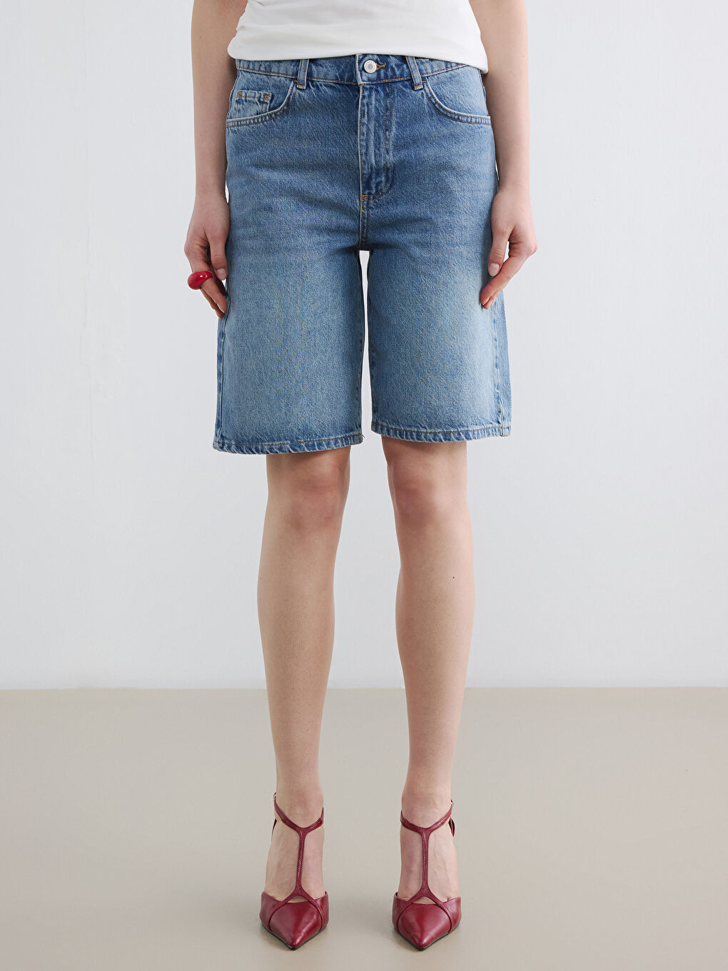 High Waisted Bermuda Fit Women's Denim Shorts-1