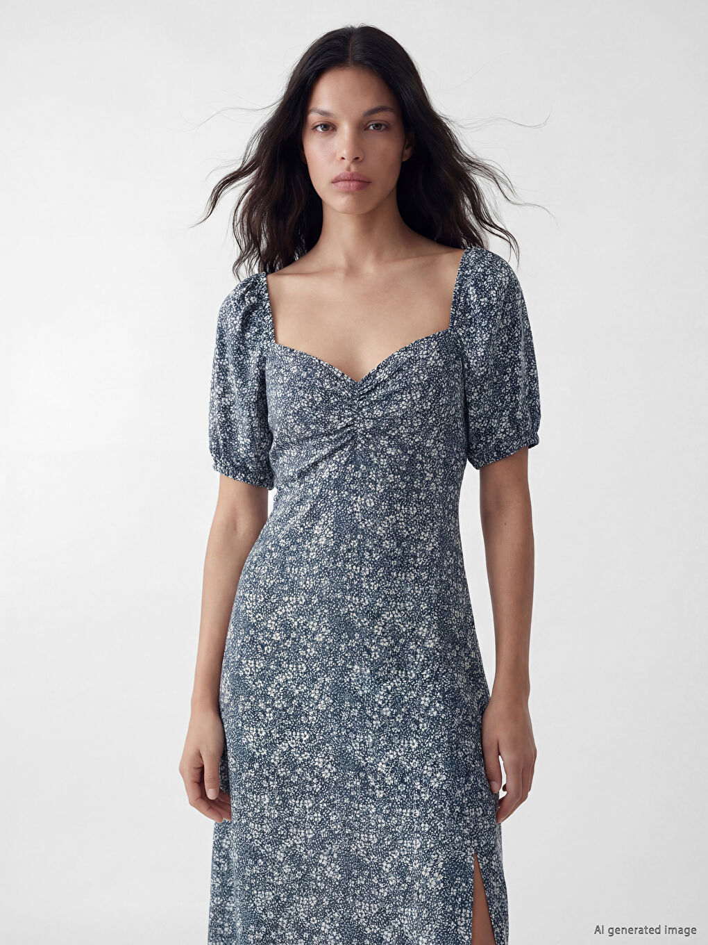 Sweetheart Neckline Floral Puff Sleeve Dress-1