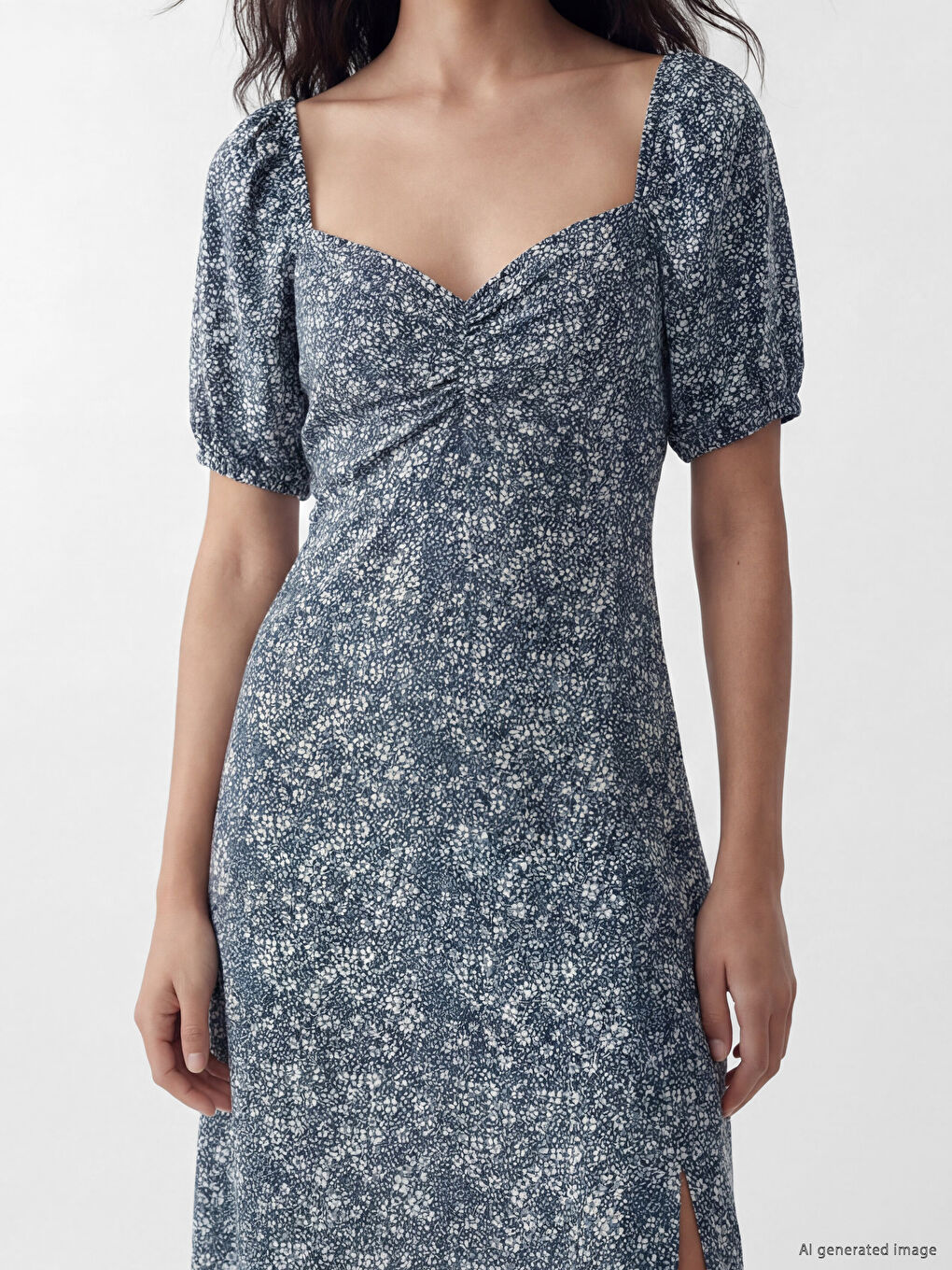 Sweetheart Neckline Floral Puff Sleeve Dress-2