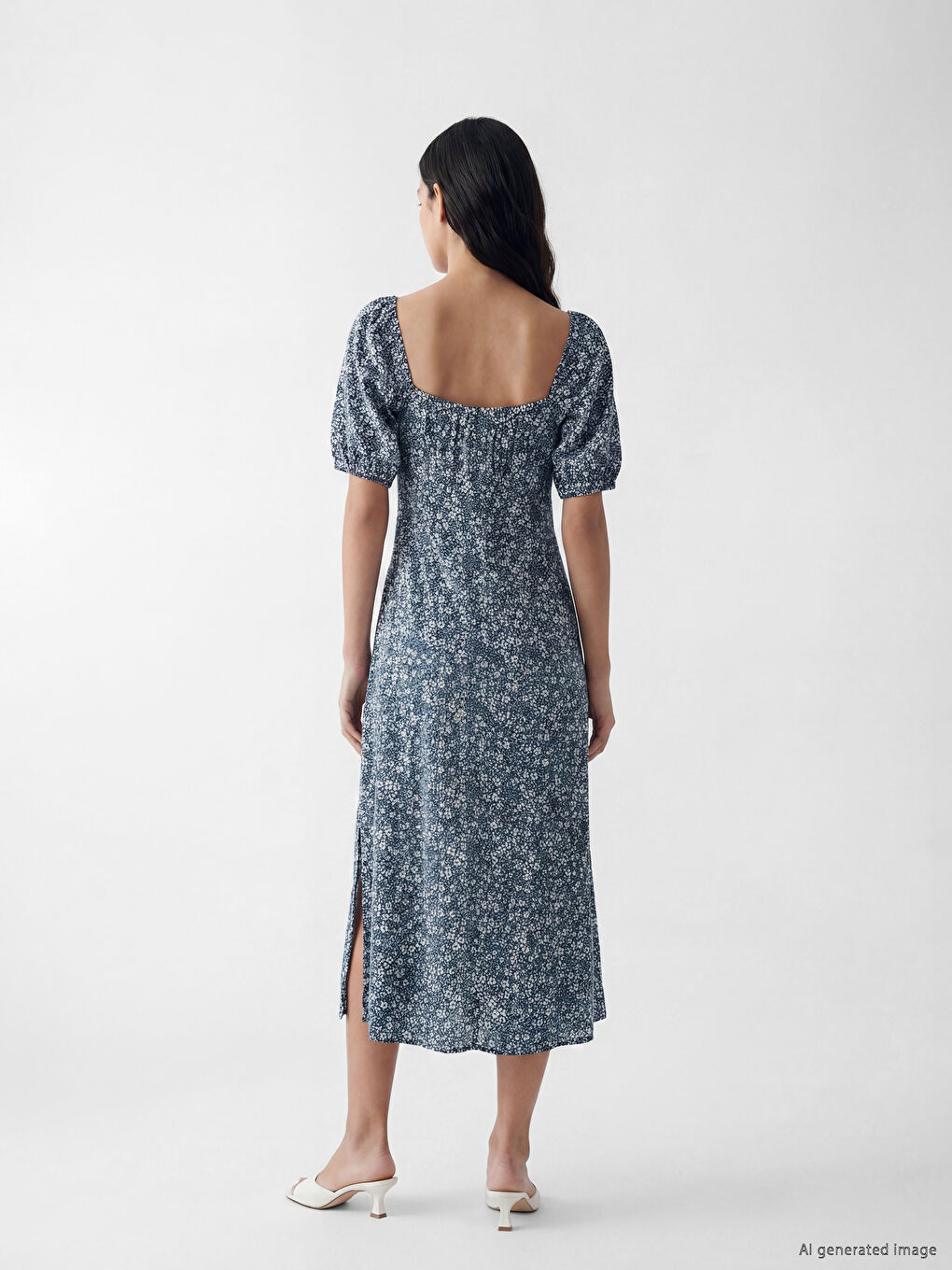 Sweetheart Neckline Floral Puff Sleeve Dress-3