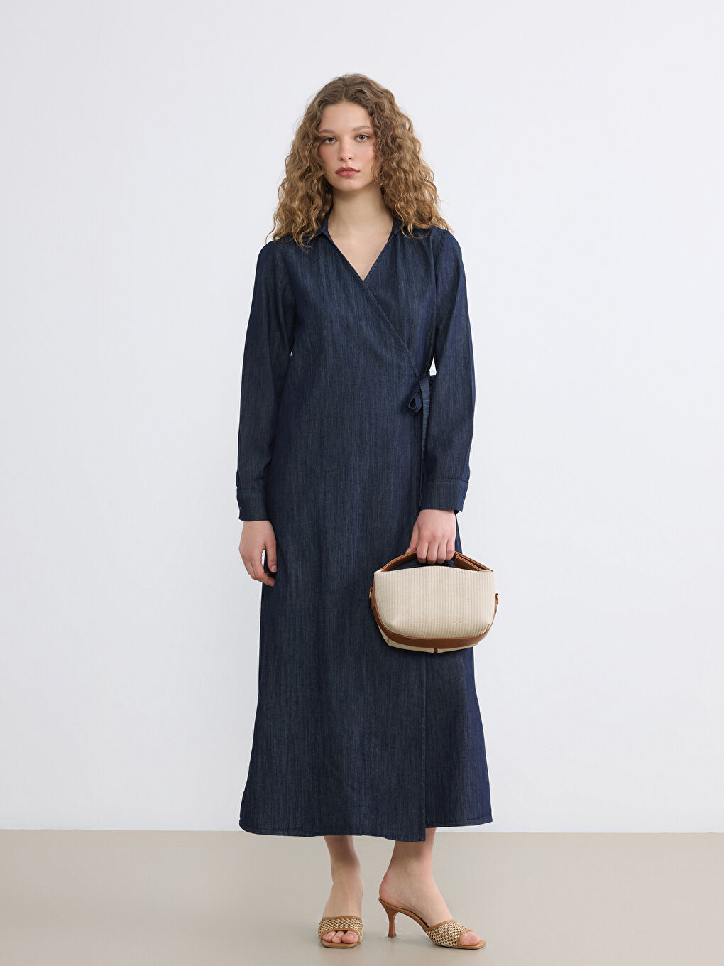 İndigo Kruvaze Yaka Jean Elbise-1
