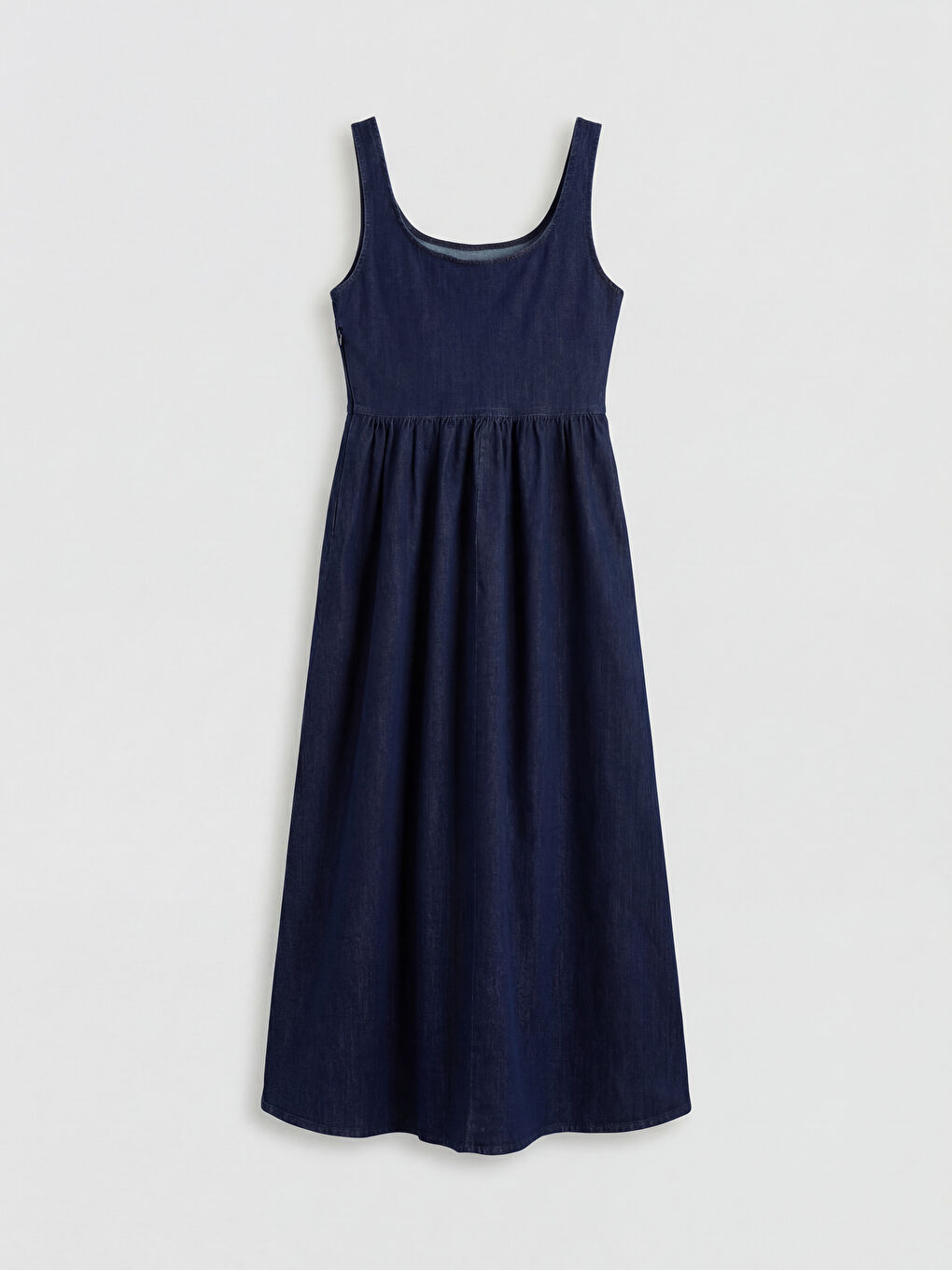 İndigo U Yaka Büzgülü Belden Oturtmalı Jean Elbise-4