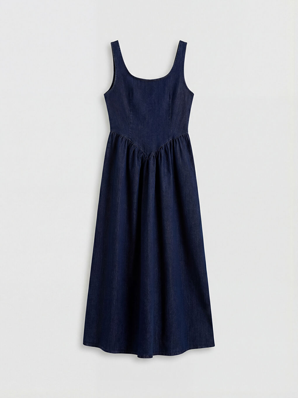 İndigo U Yaka Büzgülü Belden Oturtmalı Jean Elbise-5