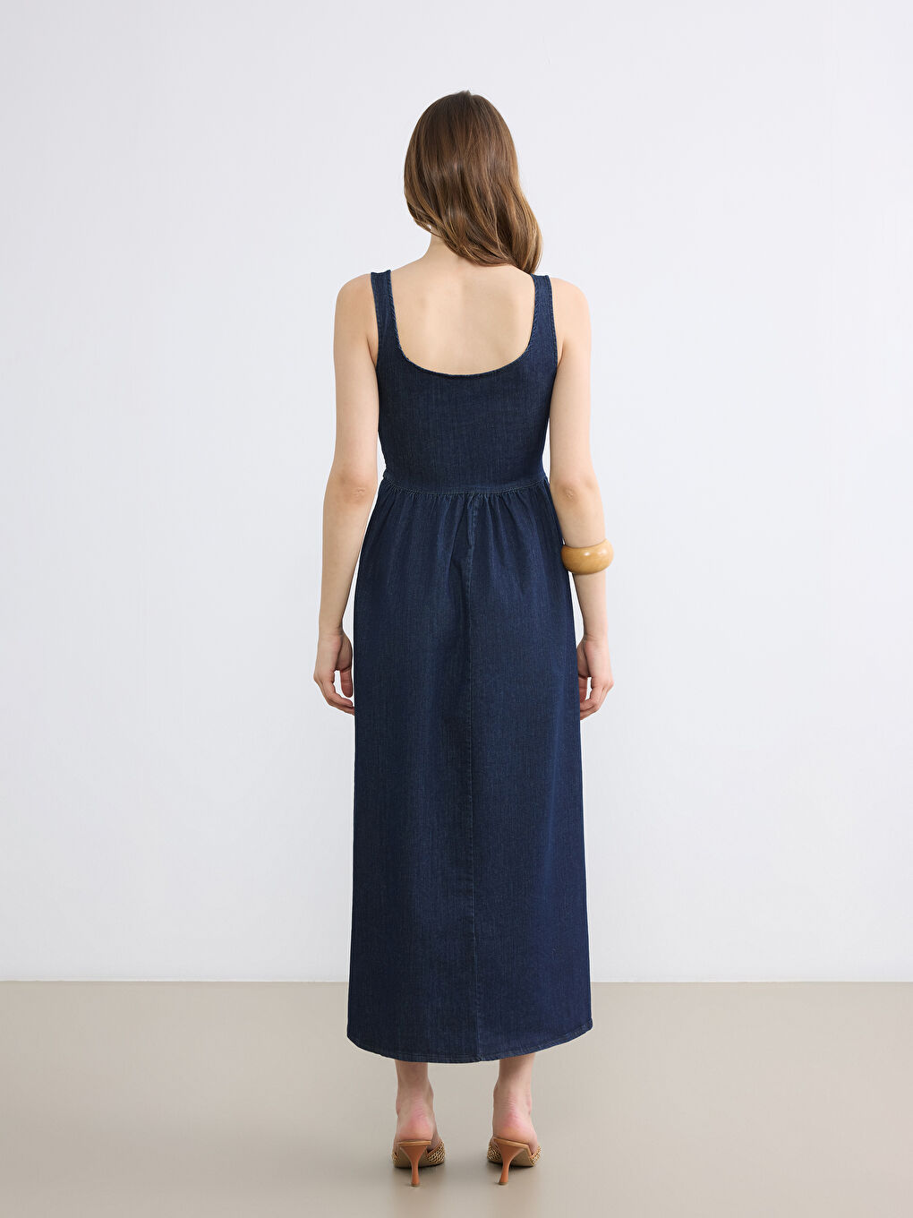 İndigo U Yaka Büzgülü Belden Oturtmalı Jean Elbise-3