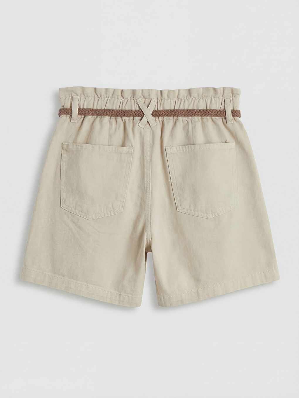 Bej Beli Kemerli Paperbag Kadın Jean Şort-1