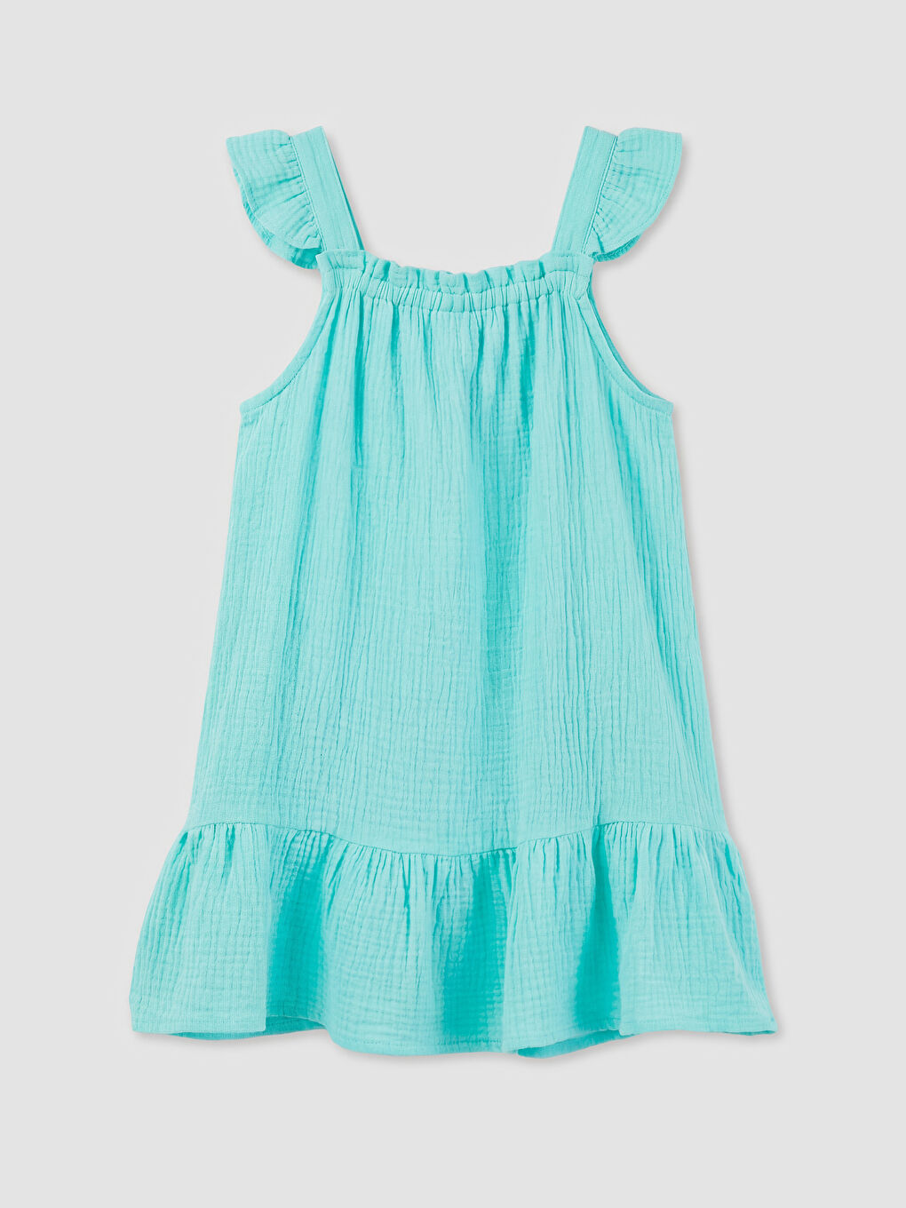 Turkuaz Kare Yaka Nakışlı Kız Çocuk Müslin Elbise-1