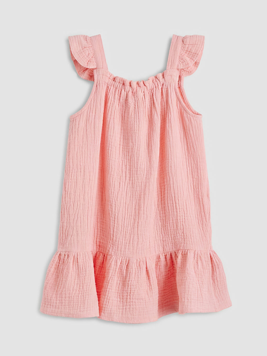 Pembe Kare Yaka Nakışlı Kız Çocuk Müslin Elbise-1