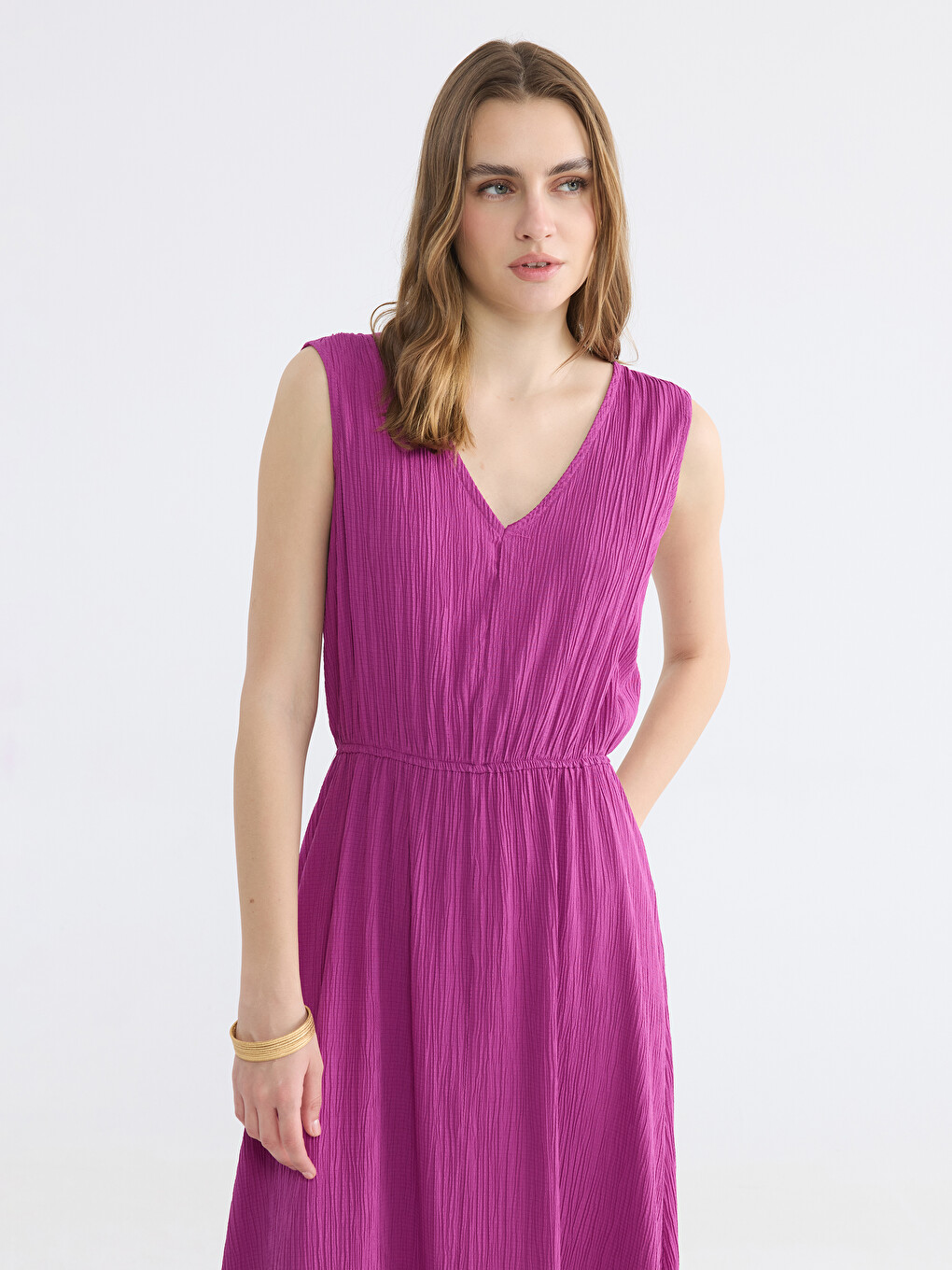 V Neck A Form Textured Dress-1
