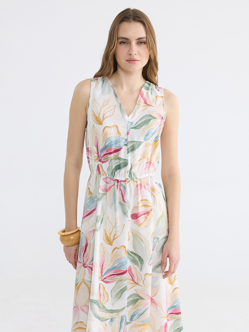 Women's V Neck Patterned A-Line Dress-1