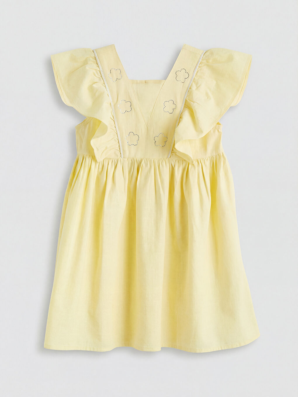 Square Neck Embroidered Girls' Linen Dress