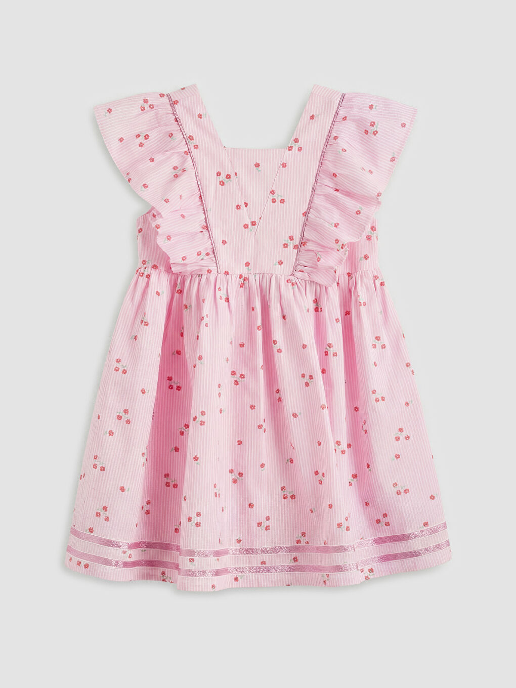 Pembe V Yaka Fırfırlı Kız Çocuk Elbise