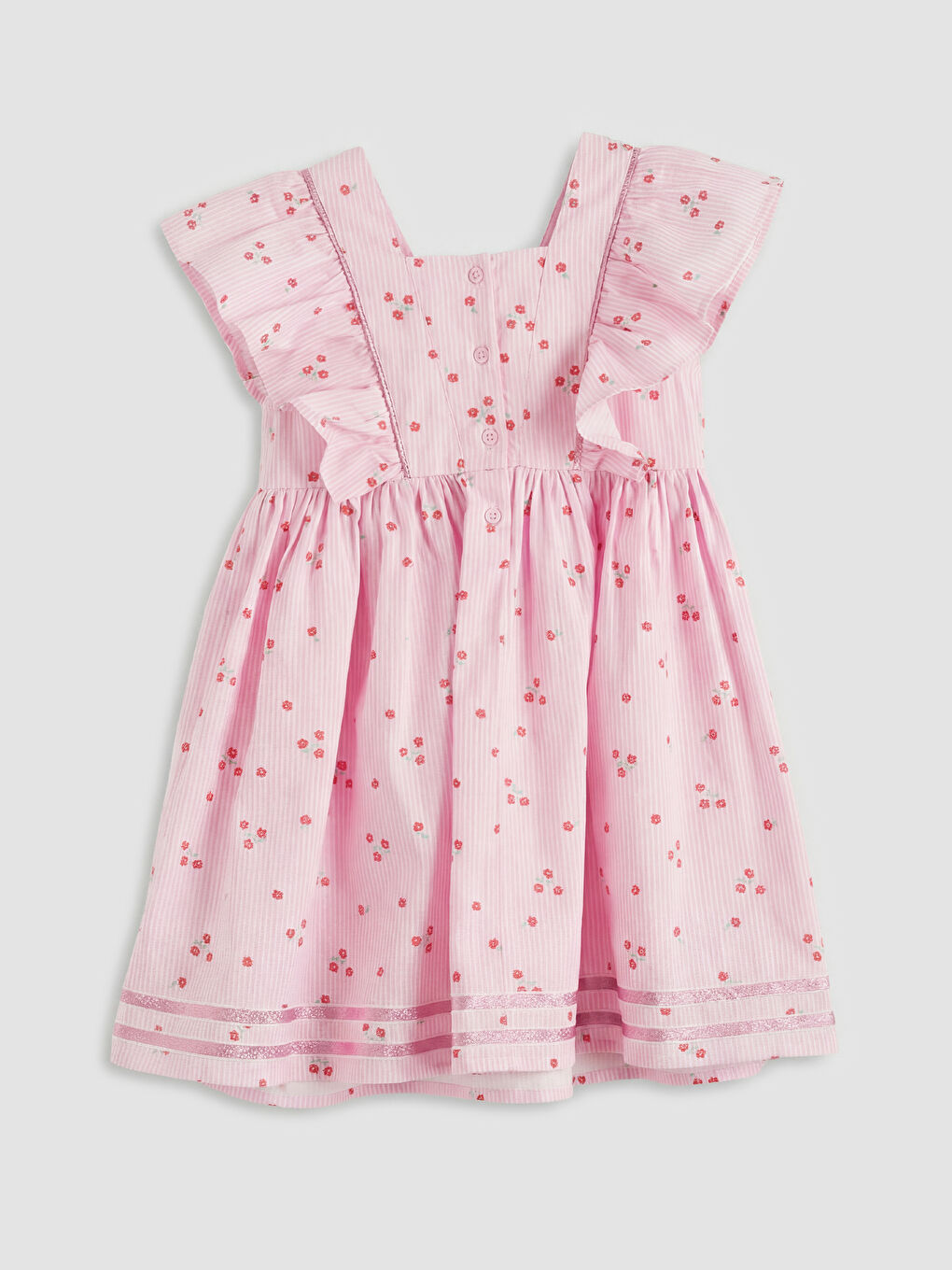 Pembe V Yaka Fırfırlı Kız Çocuk Elbise-1