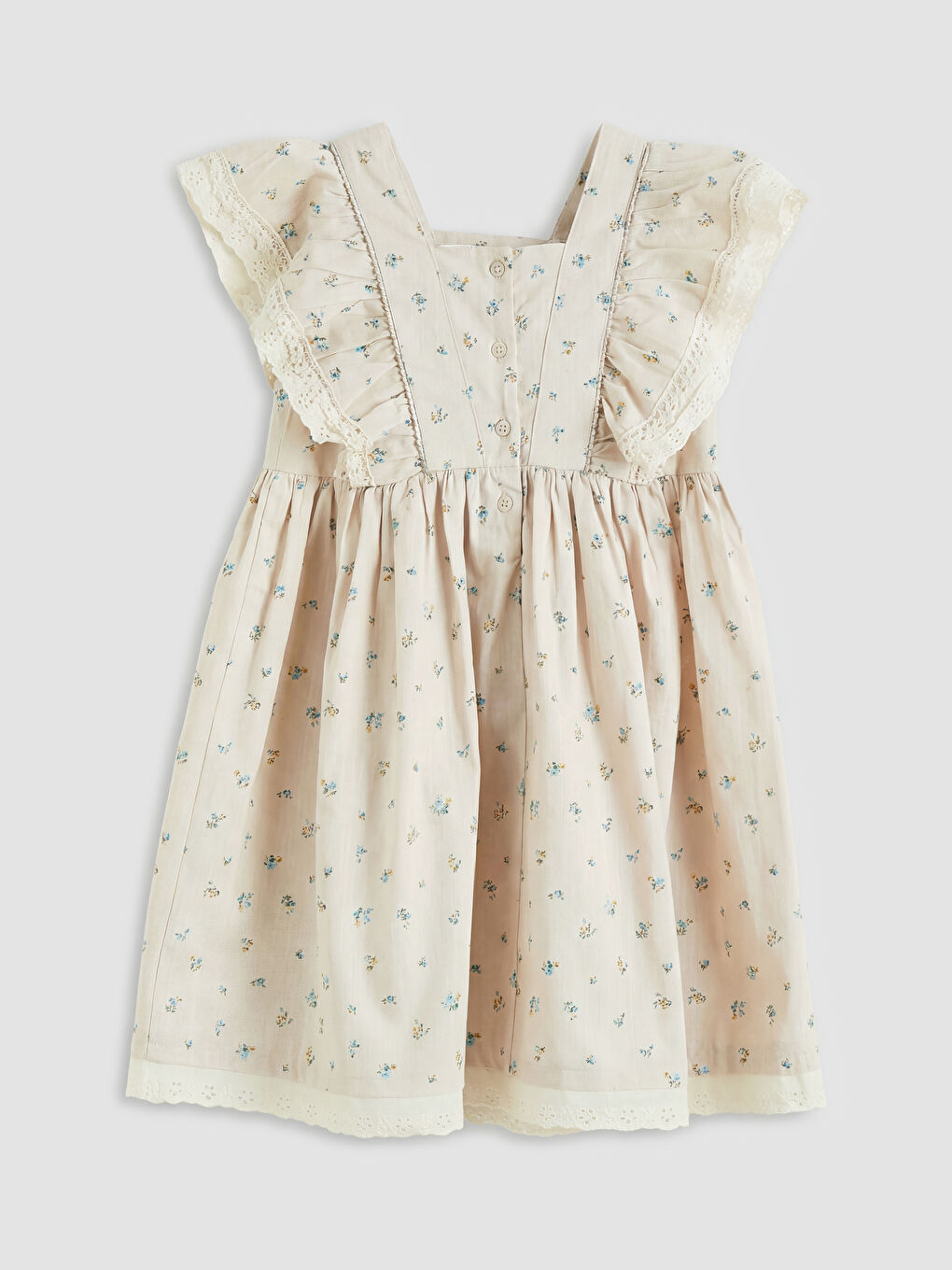 Bej Kız Çocuk Çiçekli Elbise