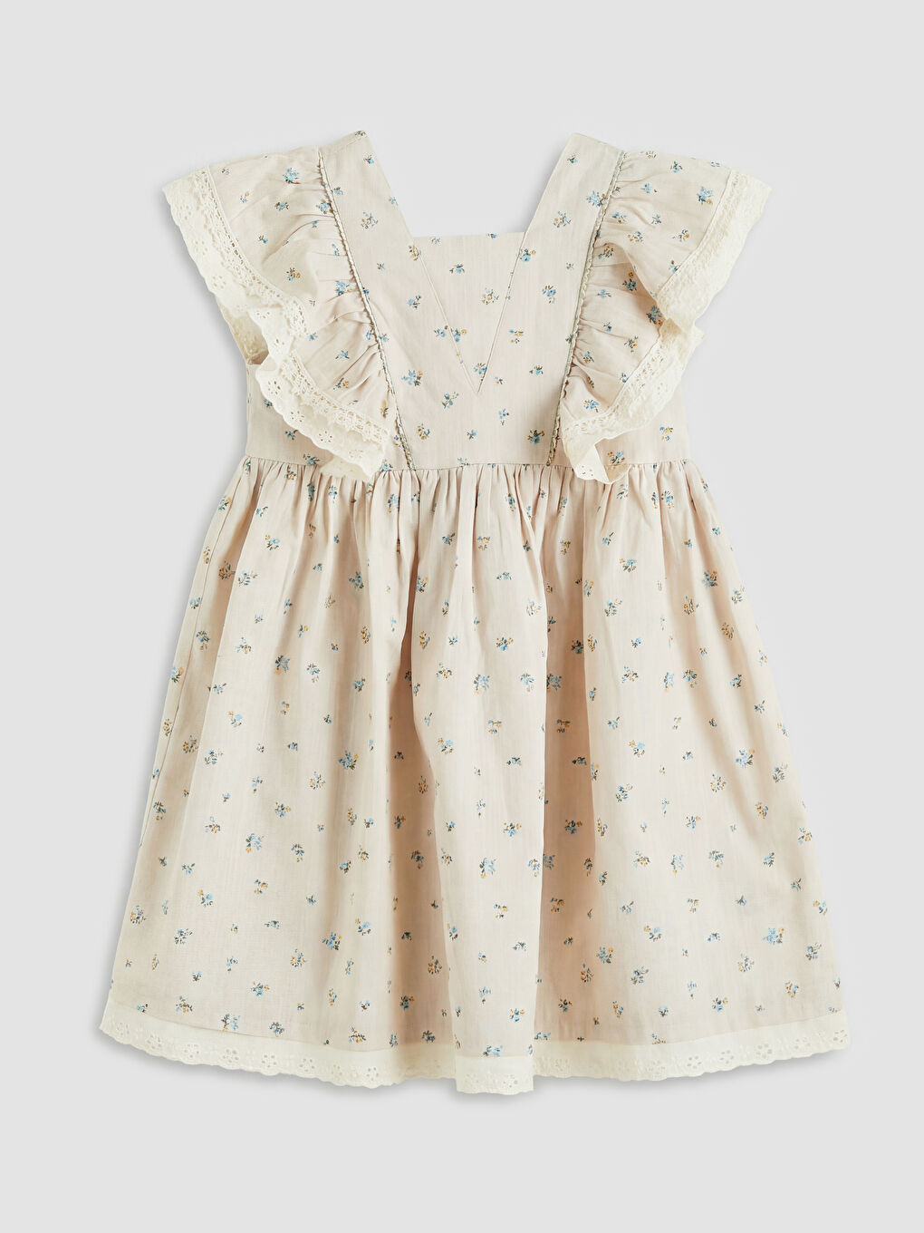 Bej Kız Çocuk Çiçekli Elbise-1