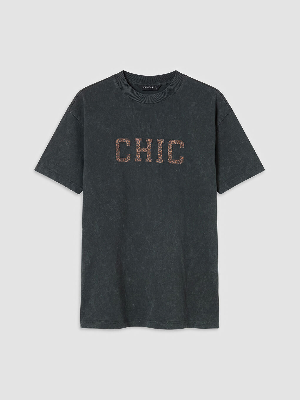 Antrasit Bisiklet Yaka Baskılı Kadın Tişört